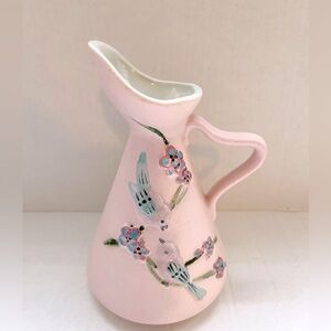 MCM Hull Pottery Serenade Handled Vase Pitcher Ewer Light Pink with Floral Birds